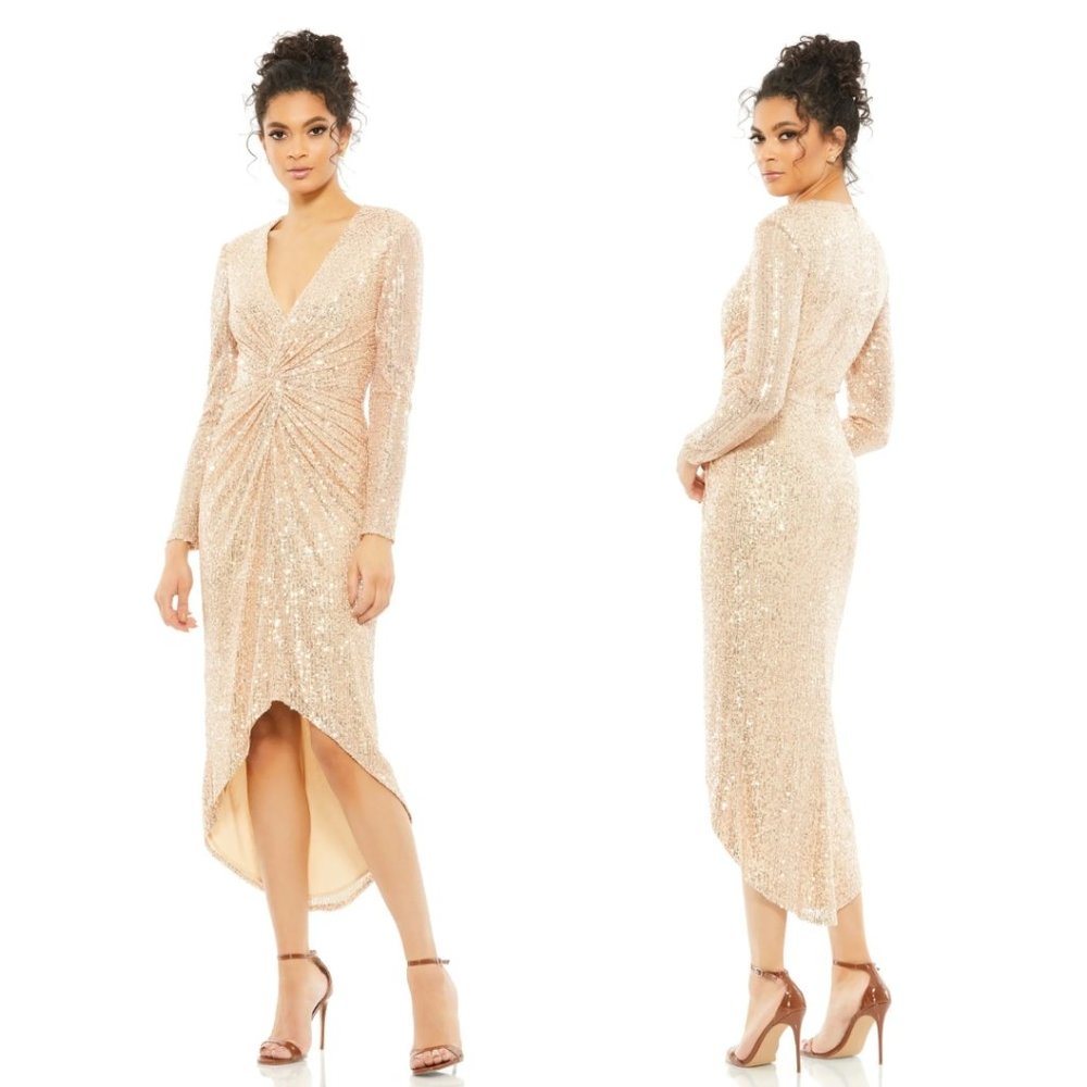 MAC DUGGAL SEQUIN KNOTTED LONG SLEEVE MIDI DRESS